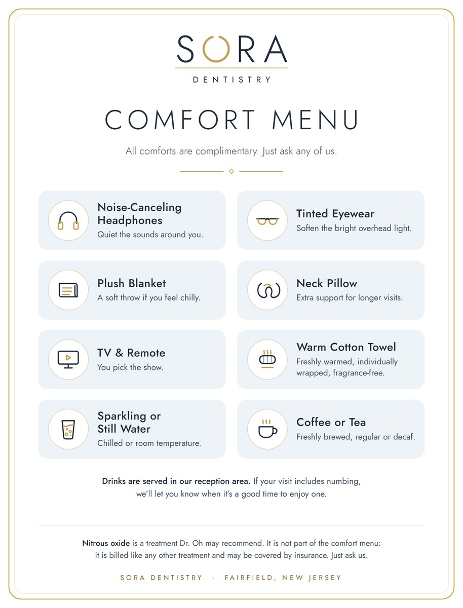 Sora Dentistry comfort menu, all complimentary: noise-canceling headphones, tinted eyewear, plush blanket, neck pillow, TV and remote, a warm, individually wrapped cotton towel, sparkling or still water, and coffee or tea. A note adds that nitrous oxide is a treatment Dr. Oh may recommend, billed like any other treatment.